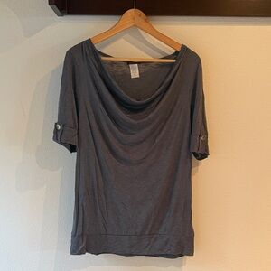 Agenda Cowl Neck, Semi Translucent Short Sleeve Top Button Detail, Blue, Size L